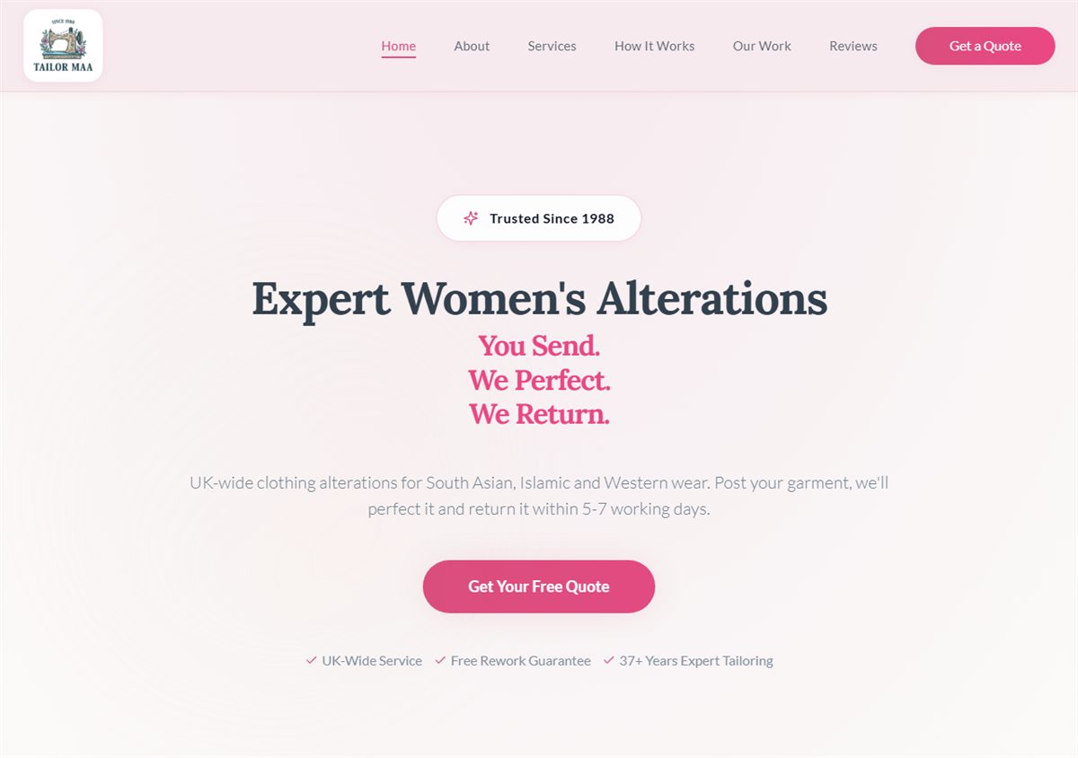Screenshot of the live Tailor Maa website