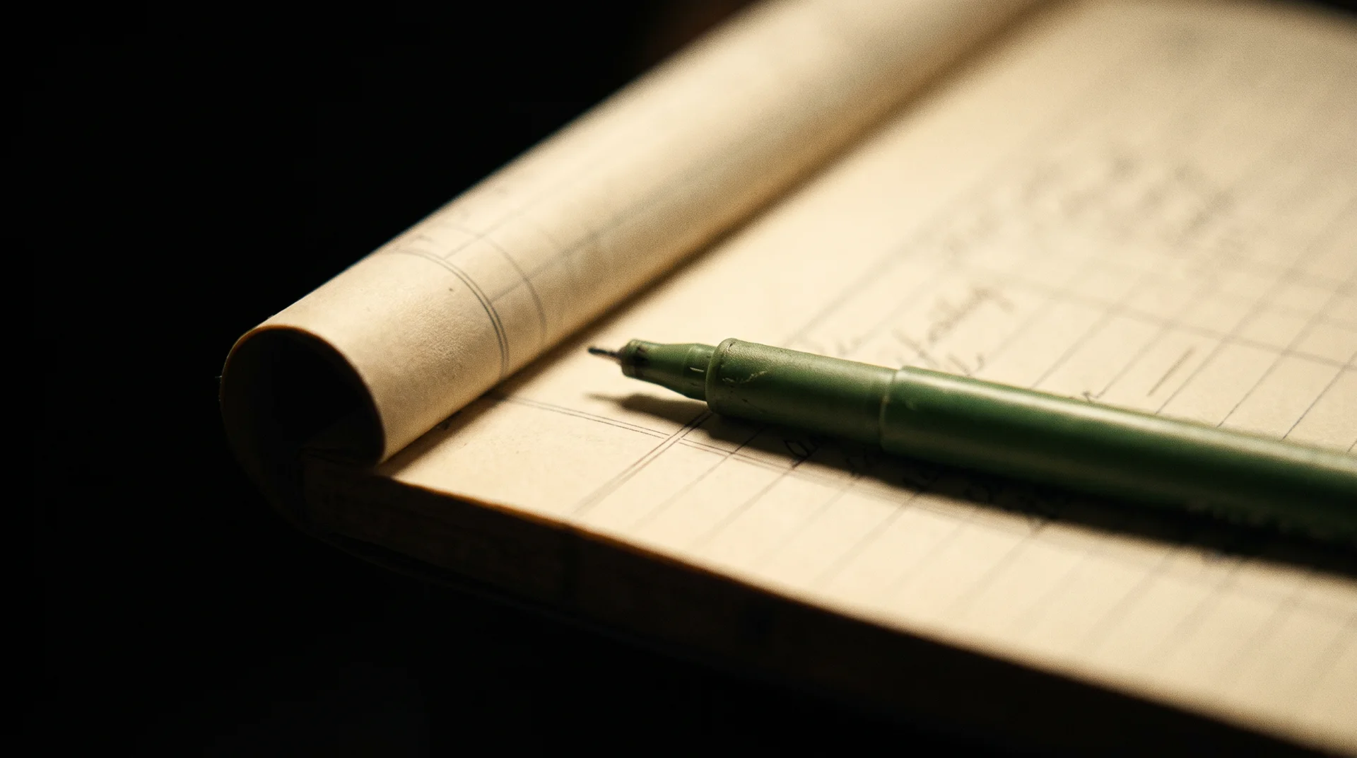 A ledger page and a green pen under warm lamplight